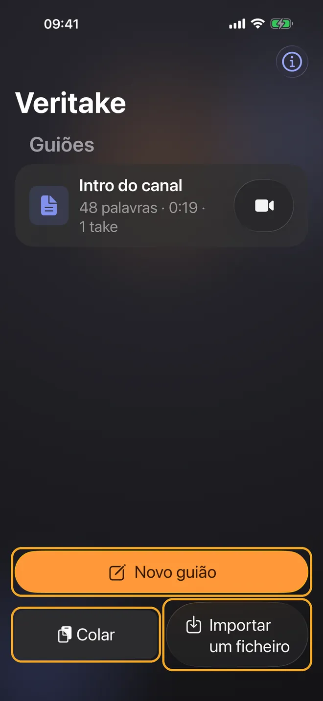 Importar ou colar o seu guião, passo 1